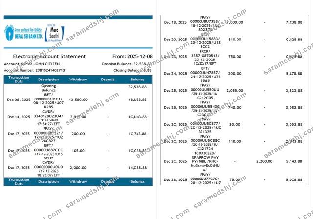 Nepal SBI Bank electronic account statement Word and PDF template, 2 pages